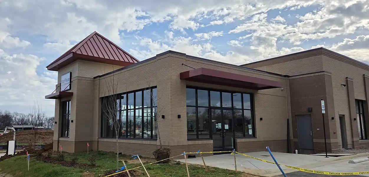commercial building with architectural awnings